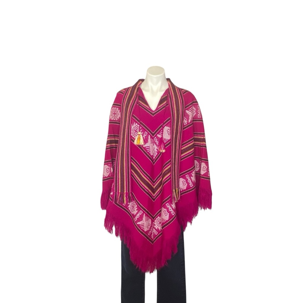 TEJIDOS DIAZ Vintage Poncho Woven Knit Sweater Tassels Pink Black One Size